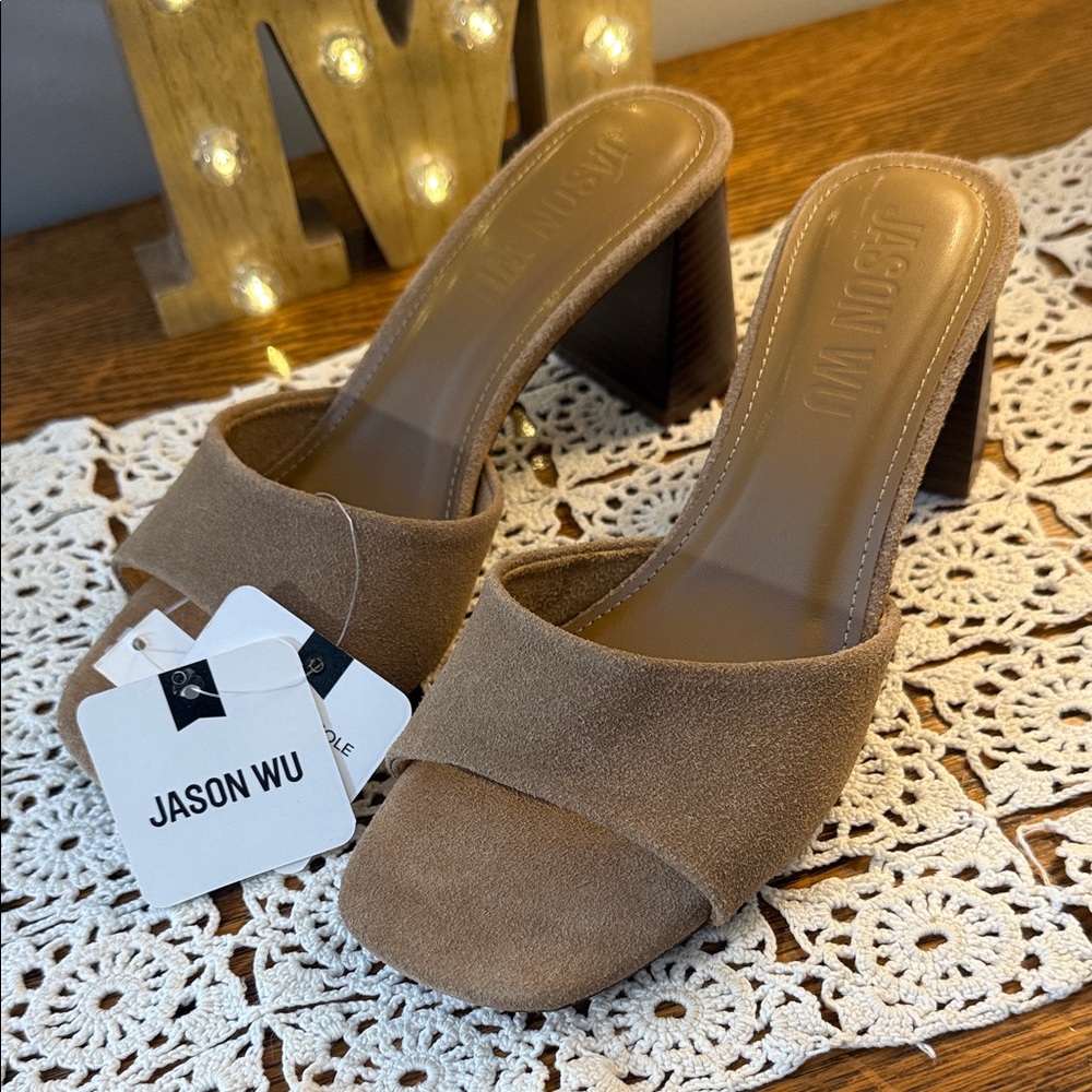 Jason Wu Tan Suede Mules w/Stacked Wood Heels, NWT